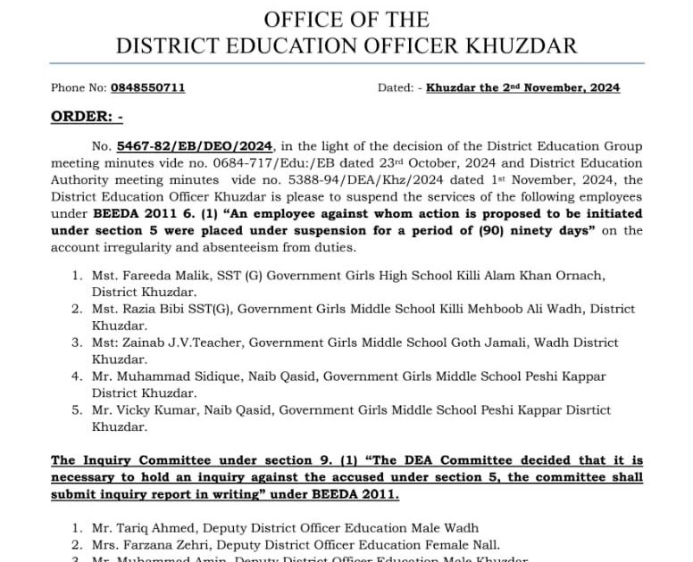 محکمہ تعلیم خضدار کے غیرحاضر ملازمیں نوکری سے فارغ